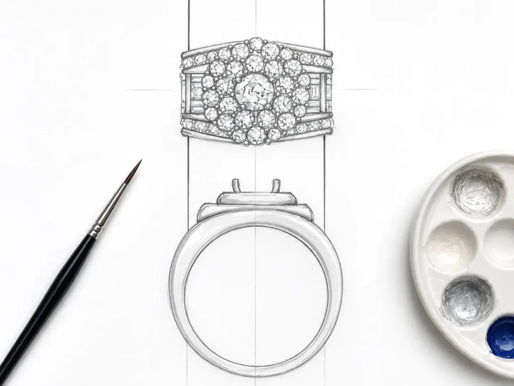 Bespoke hand-drawn pencil sketch for a custom diamond cluster ring by Rubie Rae Jewellers (1)